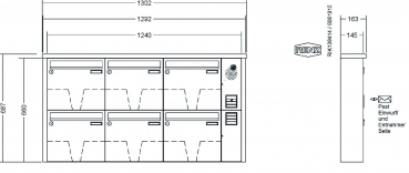RENZ Briefkastenanlage Aufputz, Tetro, Edelstahl V4A, Kastenformat 370x330x145mm, mit Klingel - & Lichttaster und Vorbereitung Gegensprechanlage, 6-teilig
